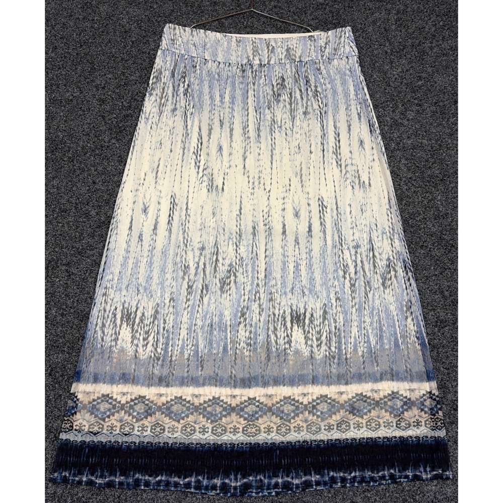 Chico's Maxi Skirt Womens 2 Blue White Ikat Mesh Lined Boho Coastal Summer Chic